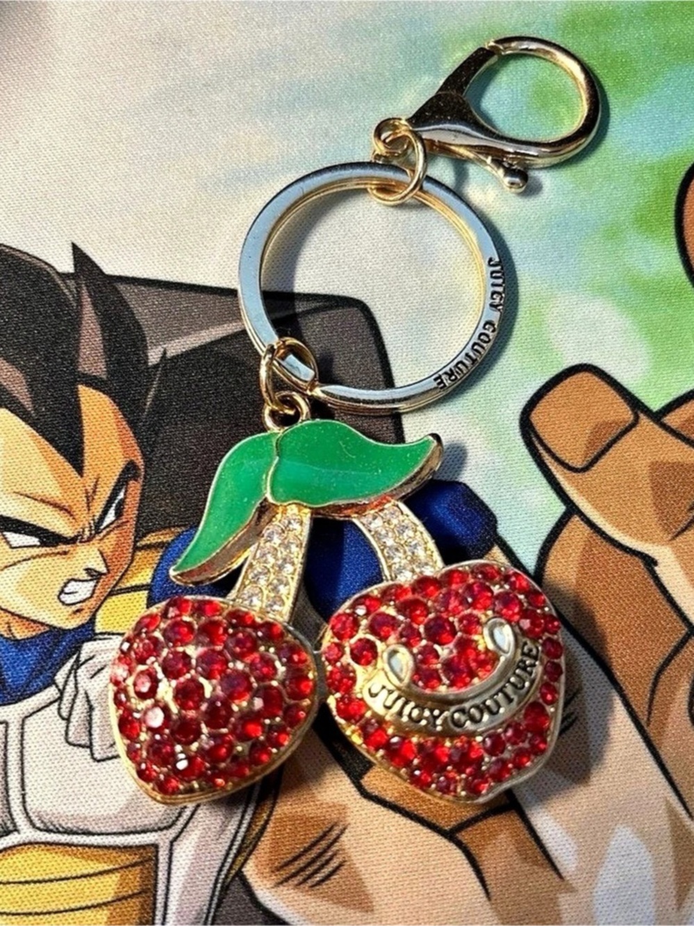 Juicy Couture Cherry Charm Keychain Rhinestone Cherry in Red & Green